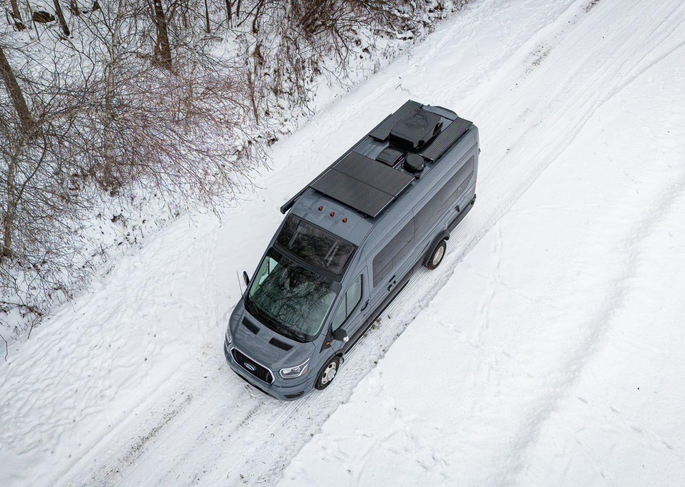 Perspective, Ford, Transit, VR, RV, extérieur, panneaux solaires, neige, Chambly